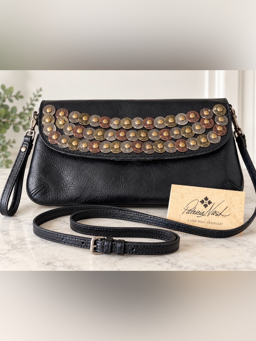 Patricia Nash Black Leather Crossbody Clutch Wristlet with Mixed Coin